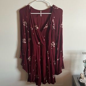 Free People deep red elegant floral long sleeve dress women’s size 10